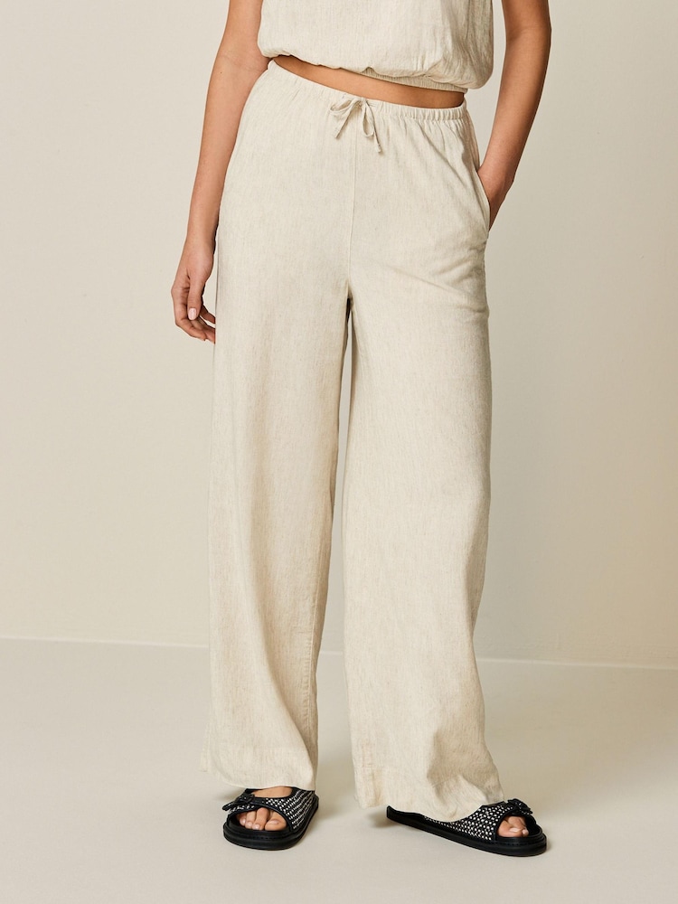 Natural Tie Waist Wide Leg Trousers with Linen - Image 2 of 4 Natural Tie Waist Wide Leg Trousers with Linen - Image 2 of 4
