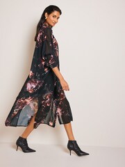 Black/Purple Abstract Floral Sheer Long Sleeve Midi Dress - Image 1 of 6