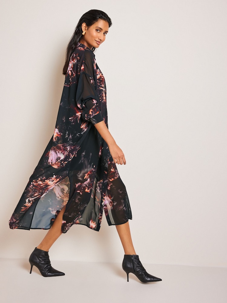 Black/Purple Abstract Floral Sheer Long Sleeve Midi Dress - Image 1 of 6