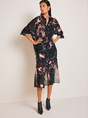 Black/Purple Abstract Floral Sheer Long Sleeve Midi Dress - Image 2 of 6