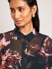 Black/Purple Abstract Floral Sheer Long Sleeve Midi Dress - Image 4 of 6