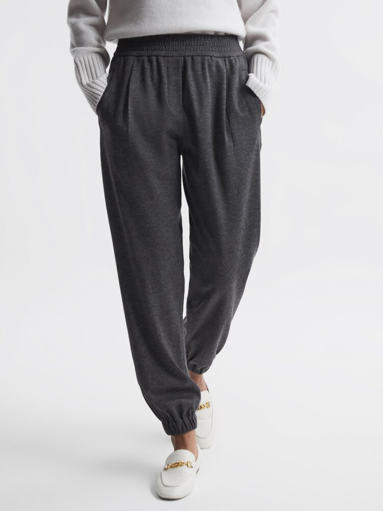 Reiss Charcoal Karina Wool Elasticated Pleat Front Joggers - Image 1 of 5