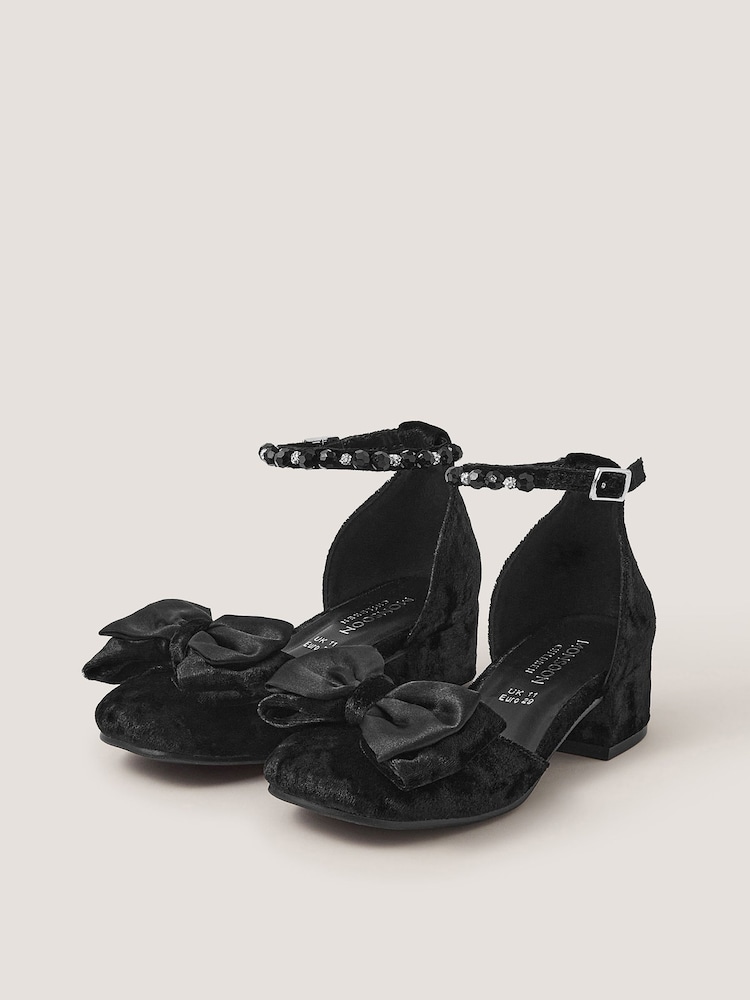 Monsoon Black Embellished Bow Velvet Two Part Heels - Image 1 of 3 Monsoon Black Embellished Bow Velvet Two Part Heels - Image 1 of 3