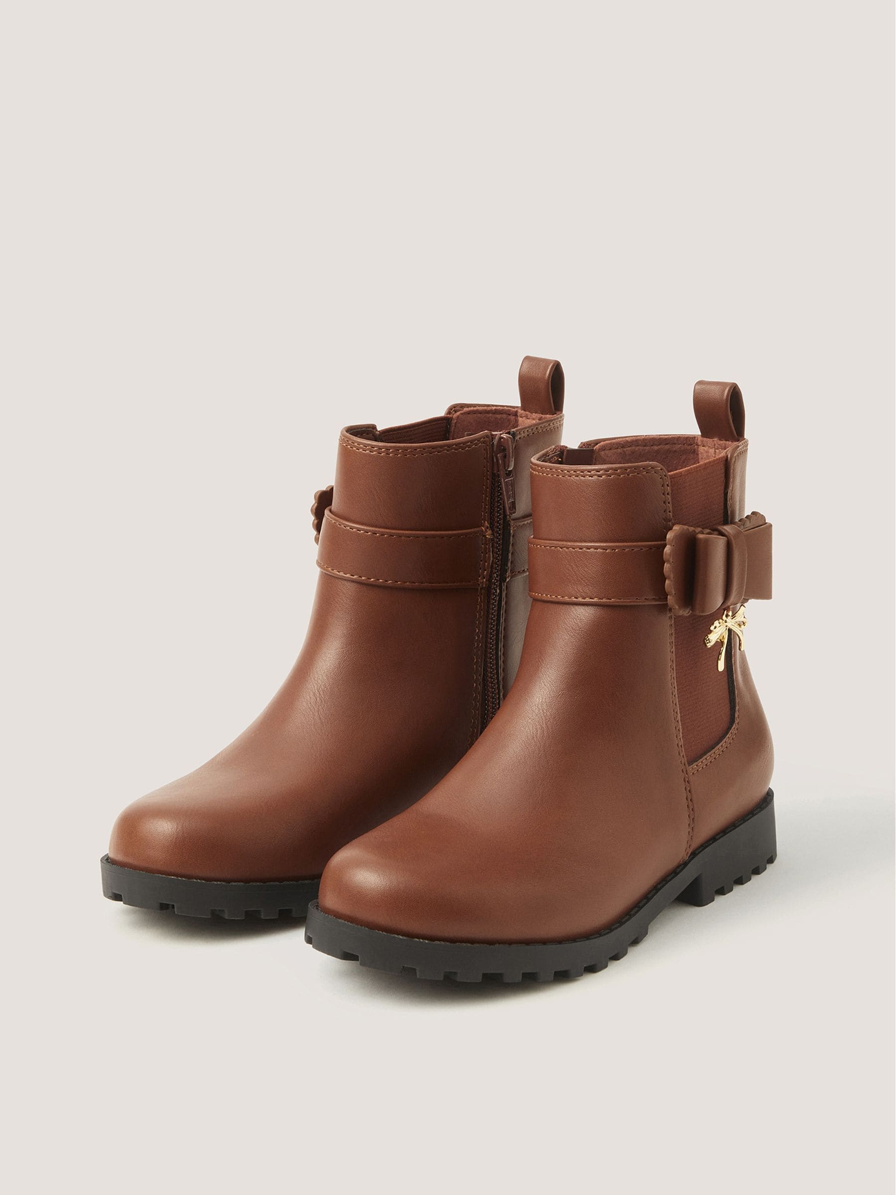 Monsoon Brown Bow Patent Chelsea Boot School Shoes view 1