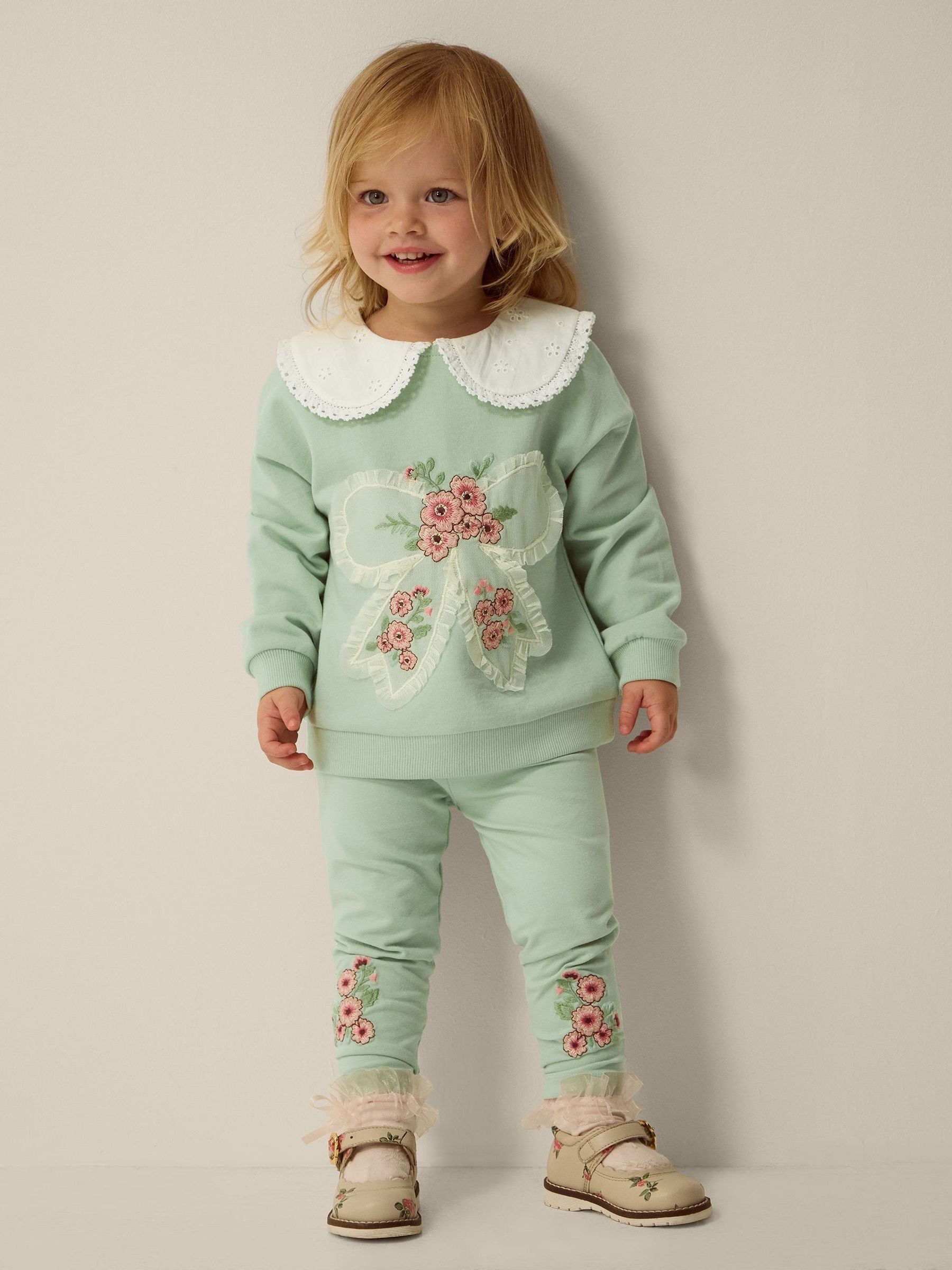 Monsoon Green Baby Embroidered Bow Sweatshirt & Leggings Set view 1