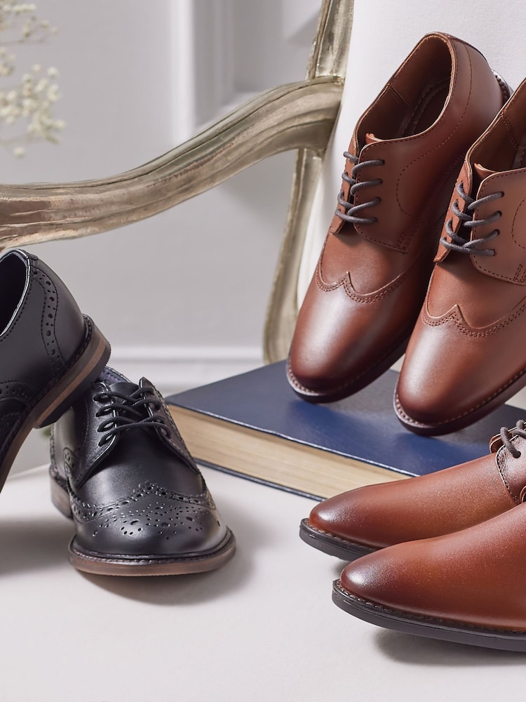 Tan Brown School Leather Wing Cap Lace-Up Shoes - Image 5 of 5