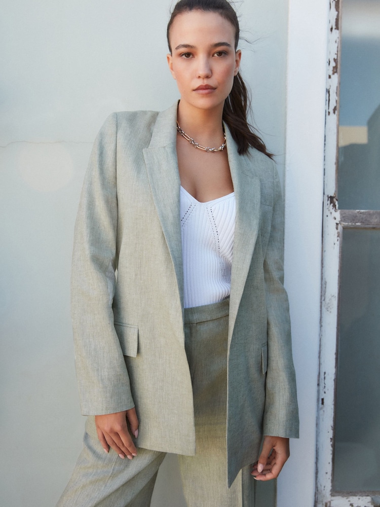 Khaki Green Textured Linen Blazer - Image 1 of 6