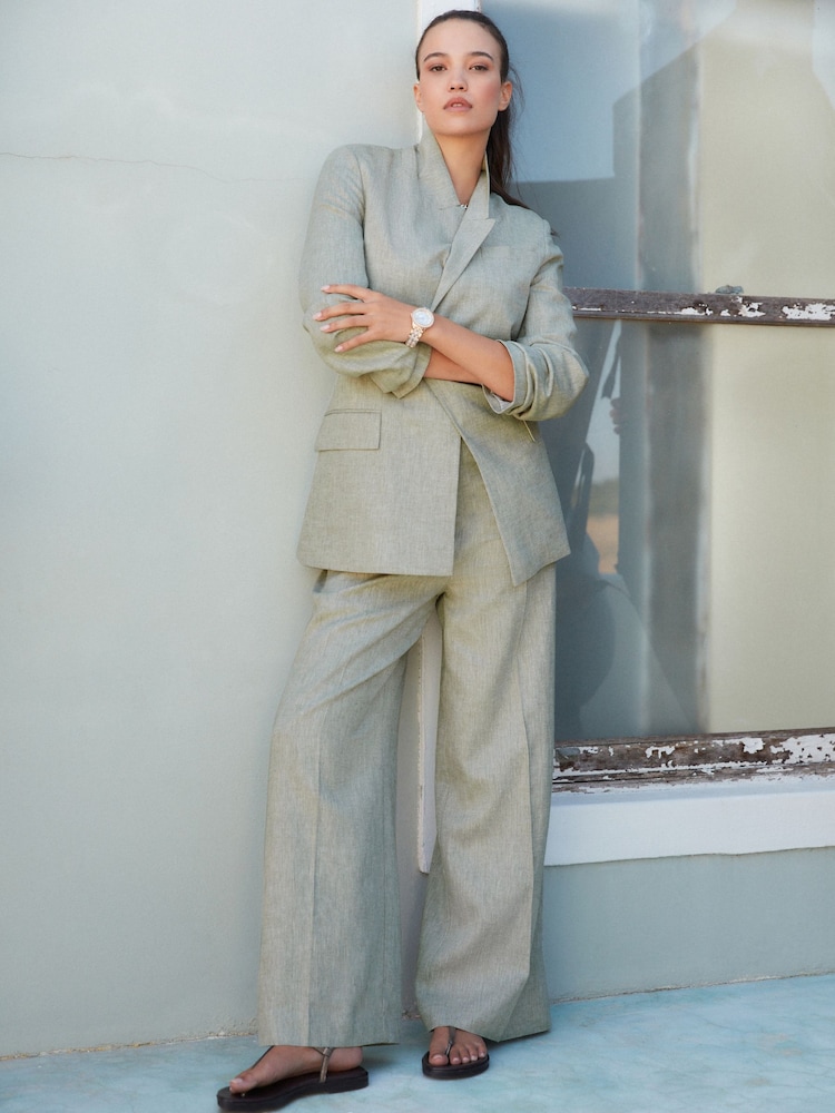 Khaki Green Textured Linen Blazer - Image 2 of 6