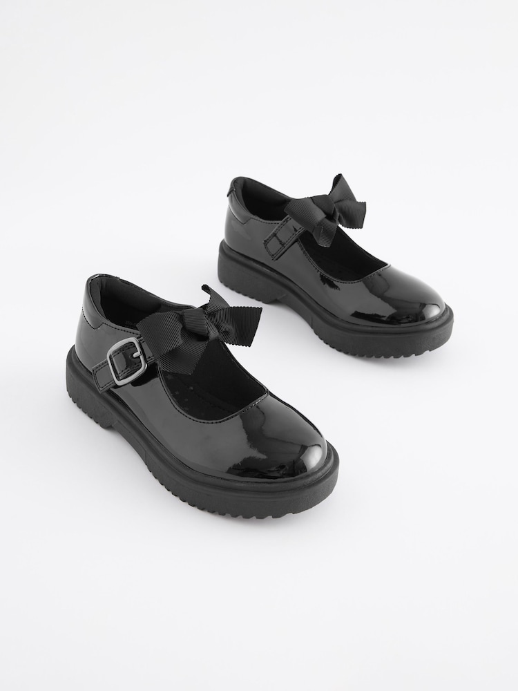 Black Patent Standard Fit (F) Bow Chunky Mary Jane School Shoes - Image 2 of 7