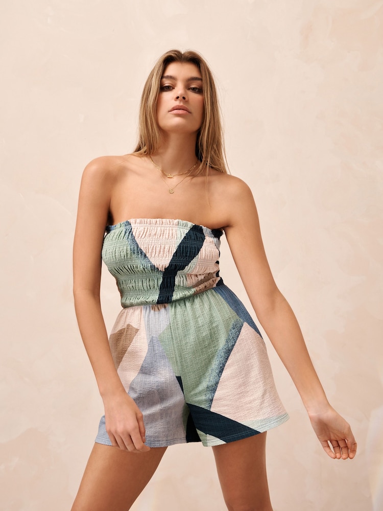 Blue/Ecru Abstract Bandeau Shirred 100% Cotton Playsuit - Image 1 of 8