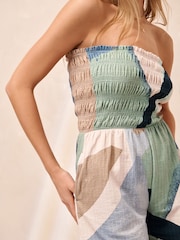 Blue/Ecru Abstract Bandeau Shirred 100% Cotton Playsuit - Image 6 of 8