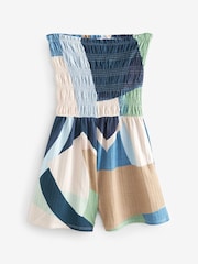Blue/Ecru Abstract Bandeau Shirred 100% Cotton Playsuit - Image 7 of 8