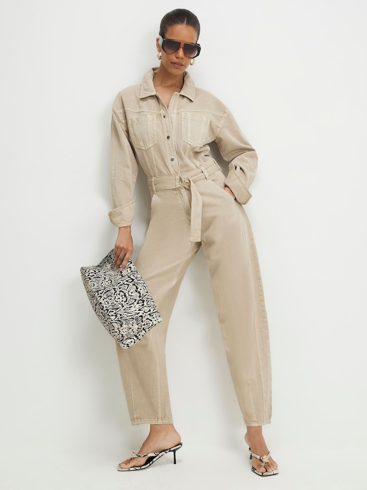 River Island Brown Long Sleeve Belted Barrel Leg Jumpsuit - Image 1 of 4 River Island Brown Long Sleeve Belted Barrel Leg Jumpsuit - Image 1 of 4