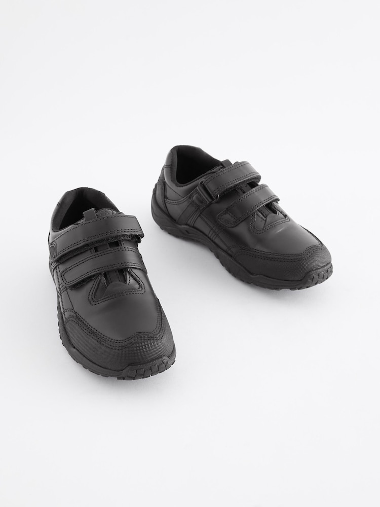 Black Extra Wide Fit (H) School Leather Double Strap Shoes - Image 1 of 9