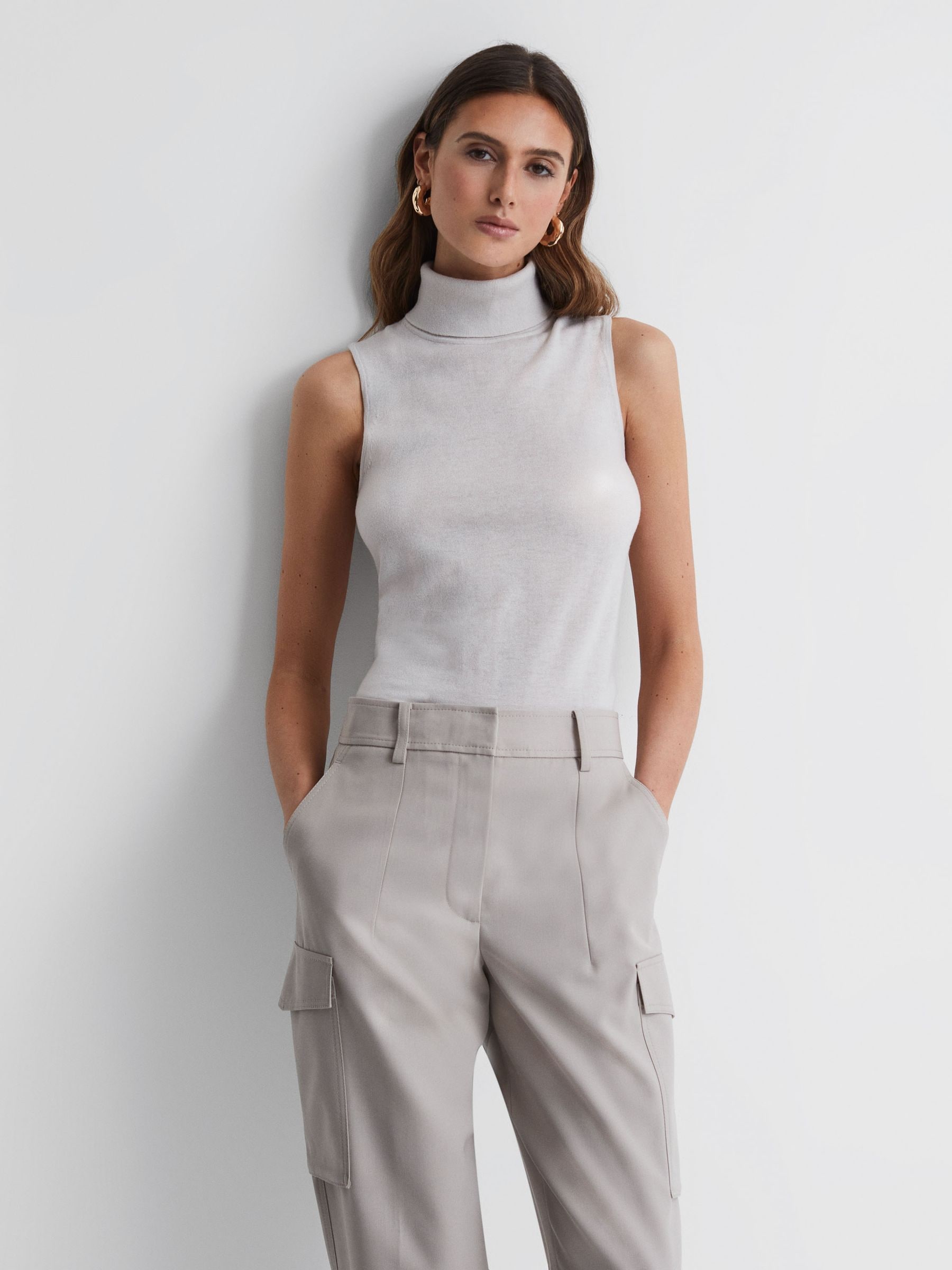 Reiss Stone Merino Wool Sleeveless Roll Neck Top In Gray