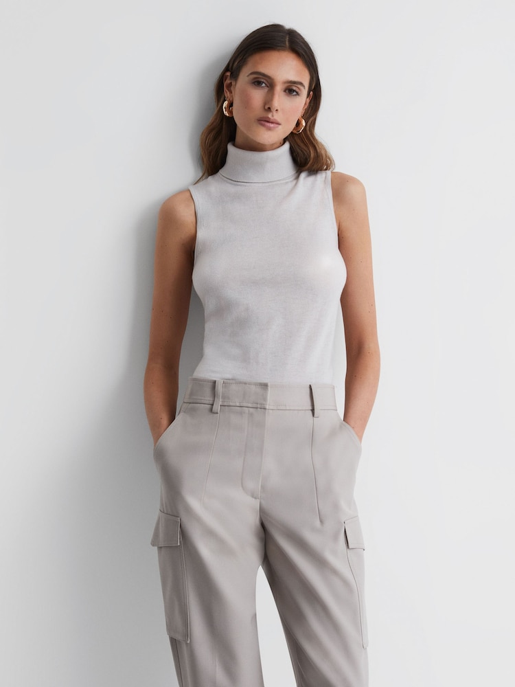 Reiss Stone Edna Merino Wool Sleeveless Roll Neck Top - Image 1 of 5