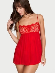 Victoria's Secret Bright Vermillion Red Lace Pleated Babydoll Set - Image 1 of 2