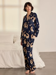 Chelsea Peers Blue Lunar Bunny Print Button Up Long Pyjamas Set - Image 1 of 7