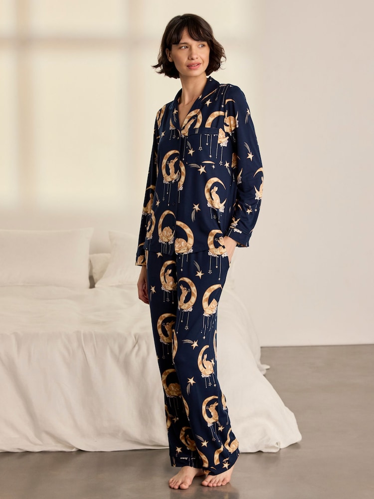 Chelsea Peers Blue Lunar Bunny Print Button Up Long Pyjamas Set - Image 1 of 7 Chelsea Peers Blue Lunar Bunny Print Button Up Long Pyjamas Set - Image 1 of 7