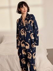 Chelsea Peers Blue Lunar Bunny Print Button Up Long Pyjamas Set - Image 2 of 7