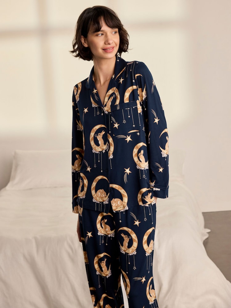 Chelsea Peers Blue Lunar Bunny Print Button Up Long Pyjamas Set - Image 2 of 7 Chelsea Peers Blue Lunar Bunny Print Button Up Long Pyjamas Set - Image 2 of 7
