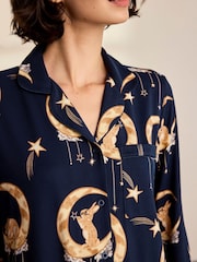 Chelsea Peers Blue Lunar Bunny Print Button Up Long Pyjamas Set - Image 3 of 7