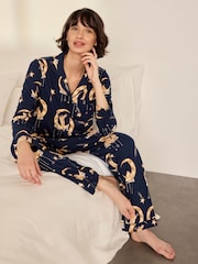 Chelsea Peers Blue Lunar Bunny Print Button Up Long Pyjamas Set - Image 6 of 7