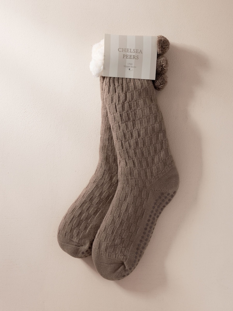 Chelsea Peers Brown Chunky Knit Slipper Socks - Taupe - Image 2 of 4 Chelsea Peers Brown Chunky Knit Slipper Socks - Taupe - Image 2 of 4