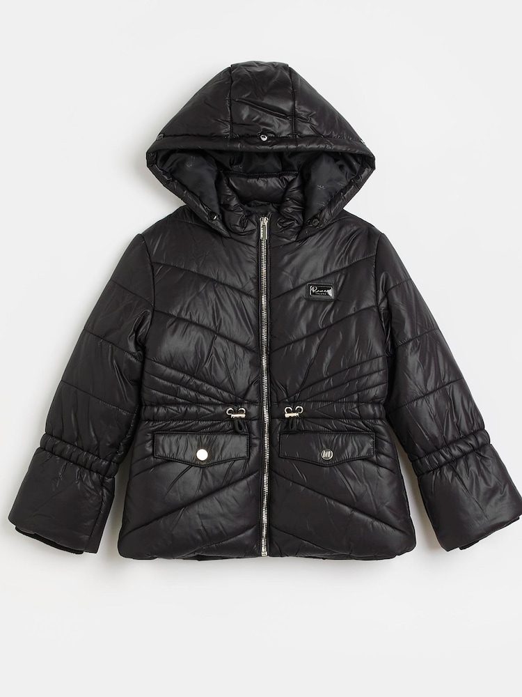 River Island Black Hooded Puffer Girls Coat - Image 2 of 4