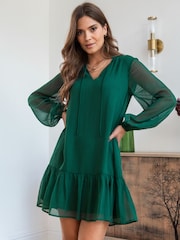 Pour Moi Green Sian Chiffon Long Sleeve Tiered Dress - Image 1 of 4