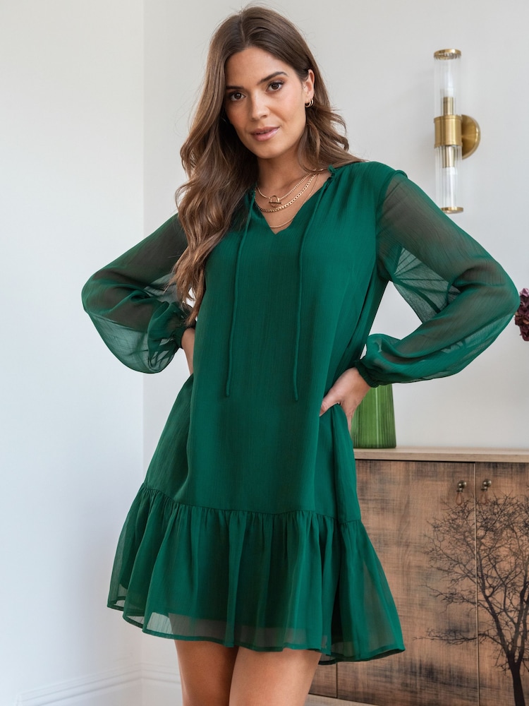Pour Moi Green Sian Chiffon Long Sleeve Tiered Dress - Image 1 of 4