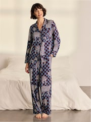 Chelsea Peers Blue Midnight Checkerboard Leopard Print Long Pyjamas Set - Image 1 of 8