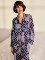 Chelsea Peers Blue Midnight Checkerboard Leopard Print Long Pyjamas Set - Image 2 of 8