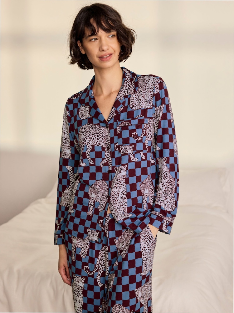Chelsea Peers Blue Midnight Checkerboard Leopard Print Long Pyjamas Set - Image 2 of 8 Chelsea Peers Blue Midnight Checkerboard Leopard Print Long Pyjamas Set - Image 2 of 8