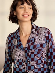 Chelsea Peers Blue Midnight Checkerboard Leopard Print Long Pyjamas Set - Image 3 of 8