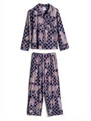 Chelsea Peers Blue Midnight Checkerboard Leopard Print Long Pyjamas Set - Image 7 of 8