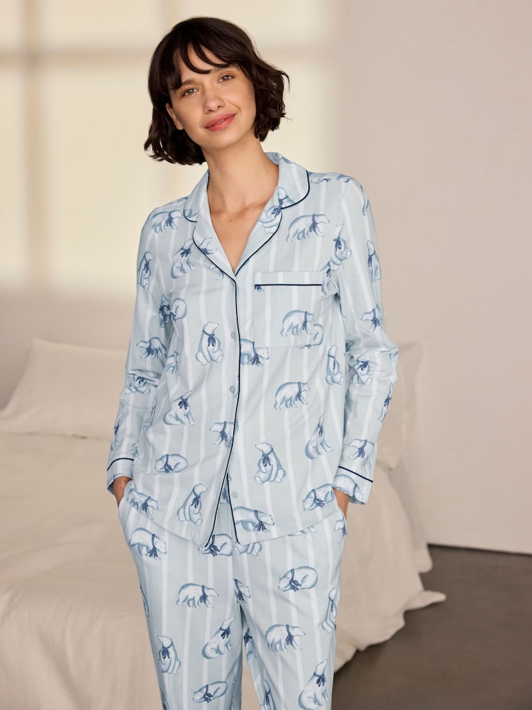 Chelsea Peers White Cotton Polar Bear Stripe Print Long Pyjamas Set - Image 2 of 8 Chelsea Peers White Cotton Polar Bear Stripe Print Long Pyjamas Set - Image 2 of 8