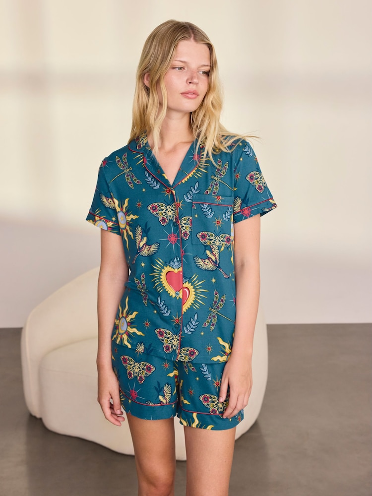 Chelsea Peers Green Enchanted Glade Print Short Pyjamas Set - Image 1 of 7 Chelsea Peers Green Enchanted Glade Print Short Pyjamas Set - Image 1 of 7
