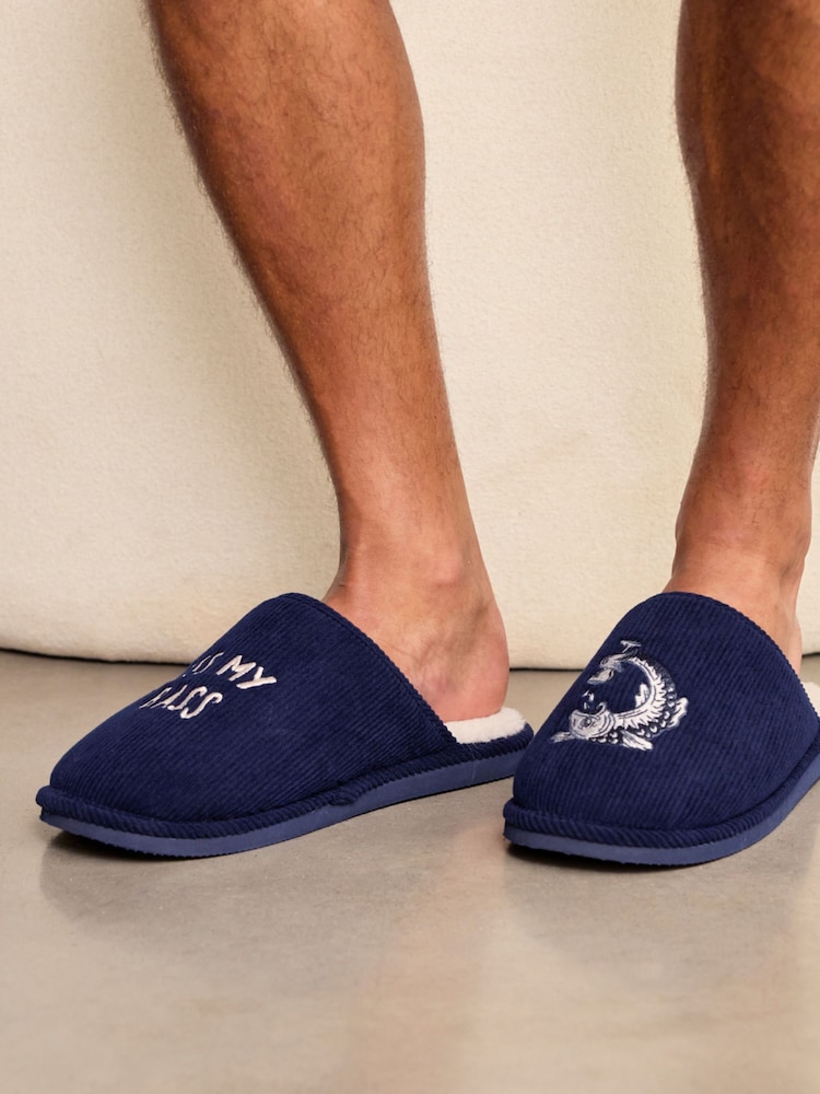 Chelsea Peers Blue Corduroy Embroidered Kiss My Bass Slippers - Image 2 of 5