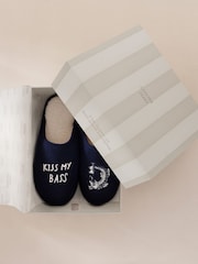Chelsea Peers Blue Corduroy Embroidered Kiss My Bass Slippers - Image 4 of 5