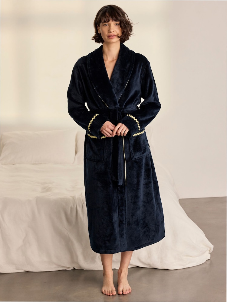 Chelsea Peers Blue Fleece Embroidered Good Night Long Dressing Gown - Image 1 of 9 Chelsea Peers Blue Fleece Embroidered Good Night Long Dressing Gown - Image 1 of 9