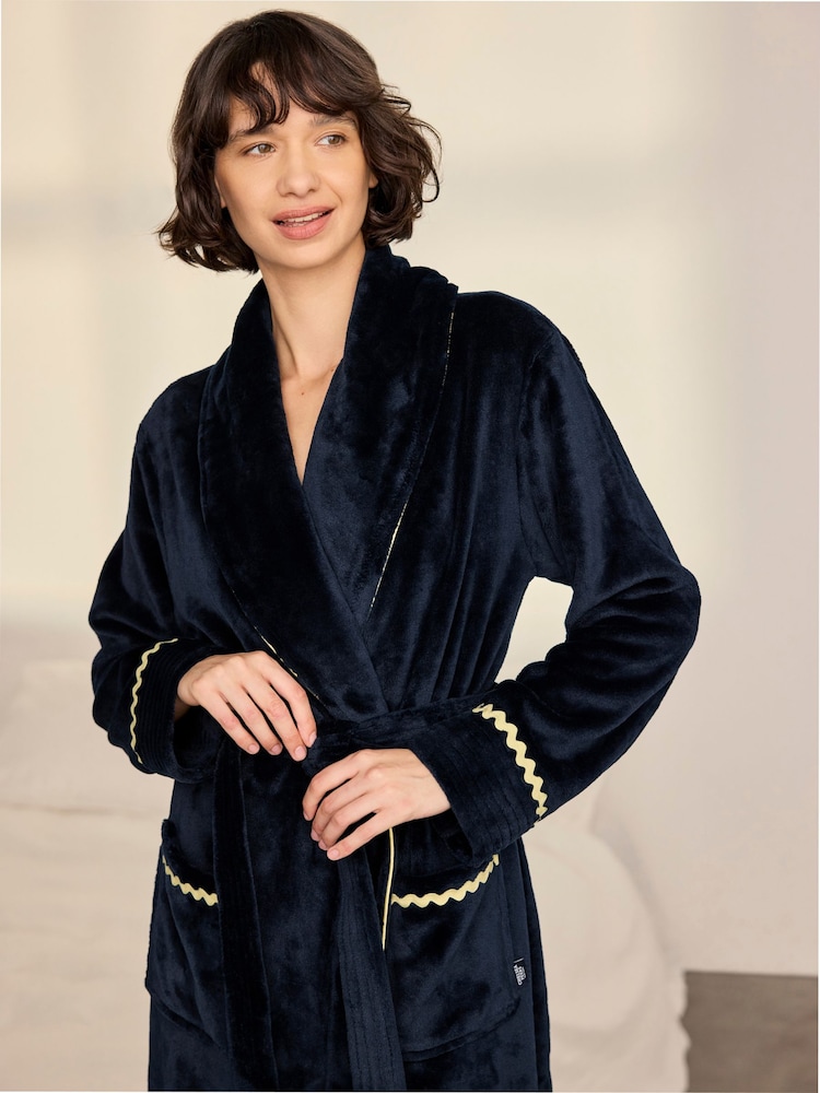Chelsea Peers Blue Fleece Embroidered Good Night Long Dressing Gown - Image 2 of 9 Chelsea Peers Blue Fleece Embroidered Good Night Long Dressing Gown - Image 2 of 9