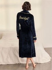 Chelsea Peers Blue Fleece Embroidered Good Night Long Dressing Gown - Image 4 of 9