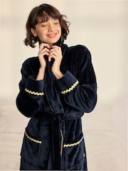 Chelsea Peers Blue Fleece Embroidered Good Night Long Dressing Gown - Image 5 of 9