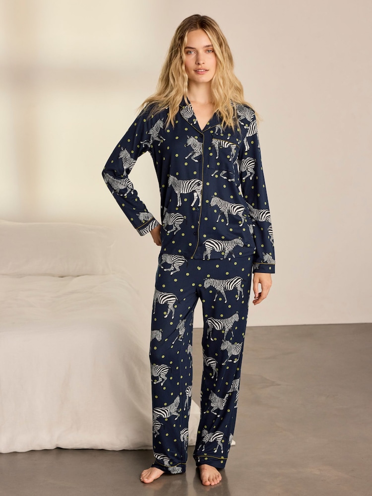Chelsea Peers Blue Tall Polka Dot Zebra Print Long Pyjamas Set - Image 1 of 8 Chelsea Peers Blue Tall Polka Dot Zebra Print Long Pyjamas Set - Image 1 of 8
