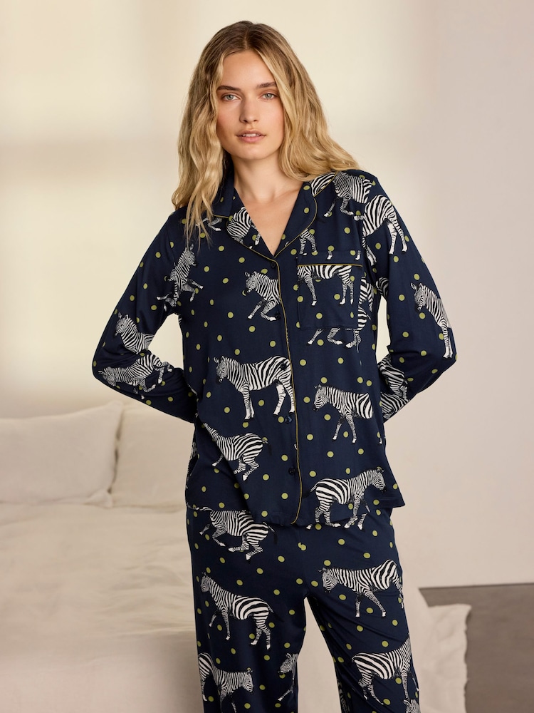 Chelsea Peers Blue Tall Polka Dot Zebra Print Long Pyjamas Set - Image 2 of 8 Chelsea Peers Blue Tall Polka Dot Zebra Print Long Pyjamas Set - Image 2 of 8