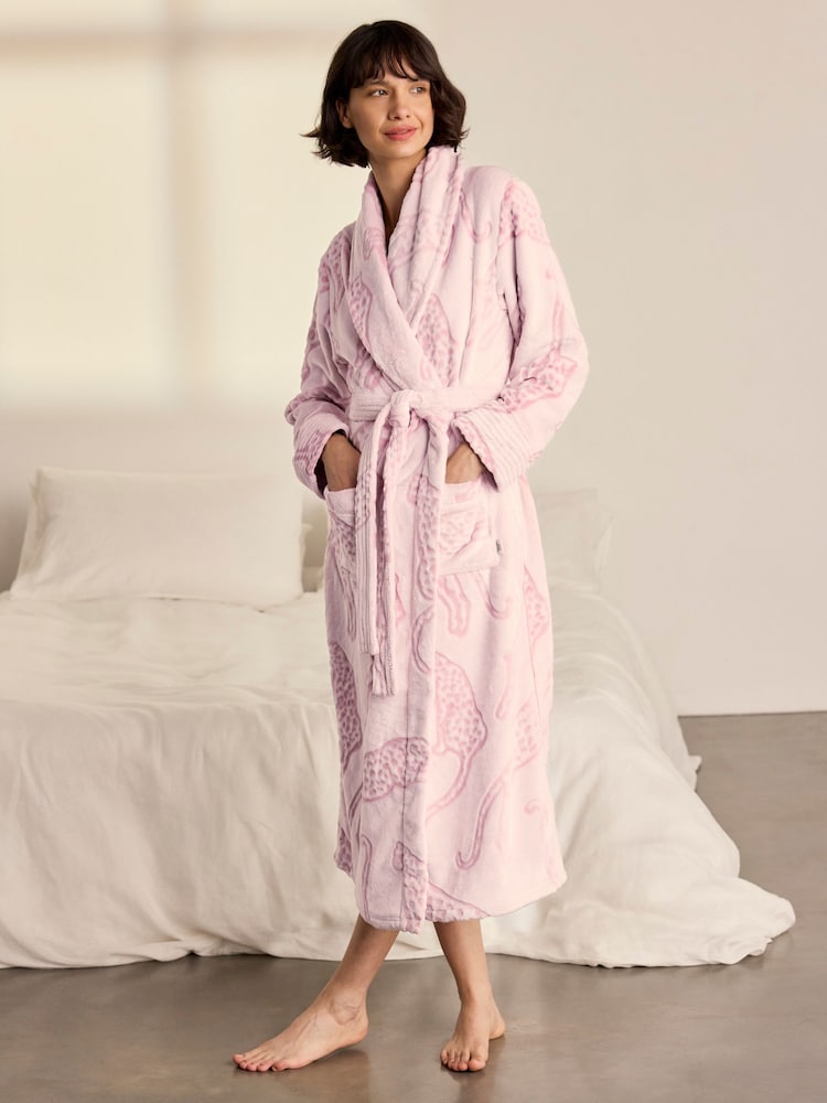 Chelsea Peers Pink Fleece Burnout Lino Cut Leopard Print Long Dressing Gown - Image 1 of 6 Chelsea Peers Pink Fleece Burnout Lino Cut Leopard Print Long Dressing Gown - Image 1 of 6