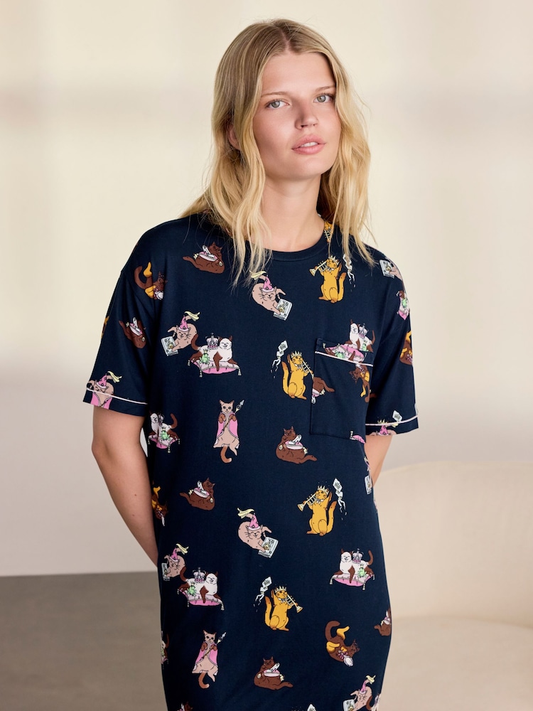 Chelsea Peers Blue Princess Cats Print Nightshirt - Image 2 of 6 Chelsea Peers Blue Princess Cats Print Nightshirt - Image 2 of 6