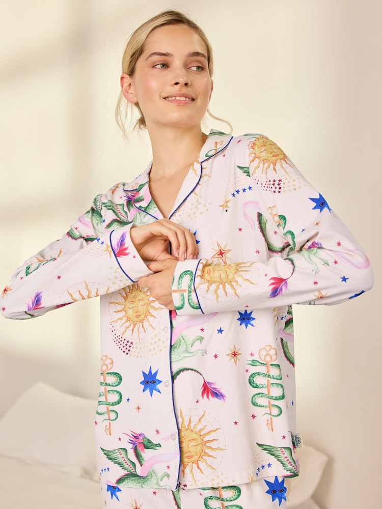 Chelsea Peers Off White Cotton Mythical Dragon Print Long Pyjama Set - Image 2 of 8 Chelsea Peers Off White Cotton Mythical Dragon Print Long Pyjama Set - Image 2 of 8