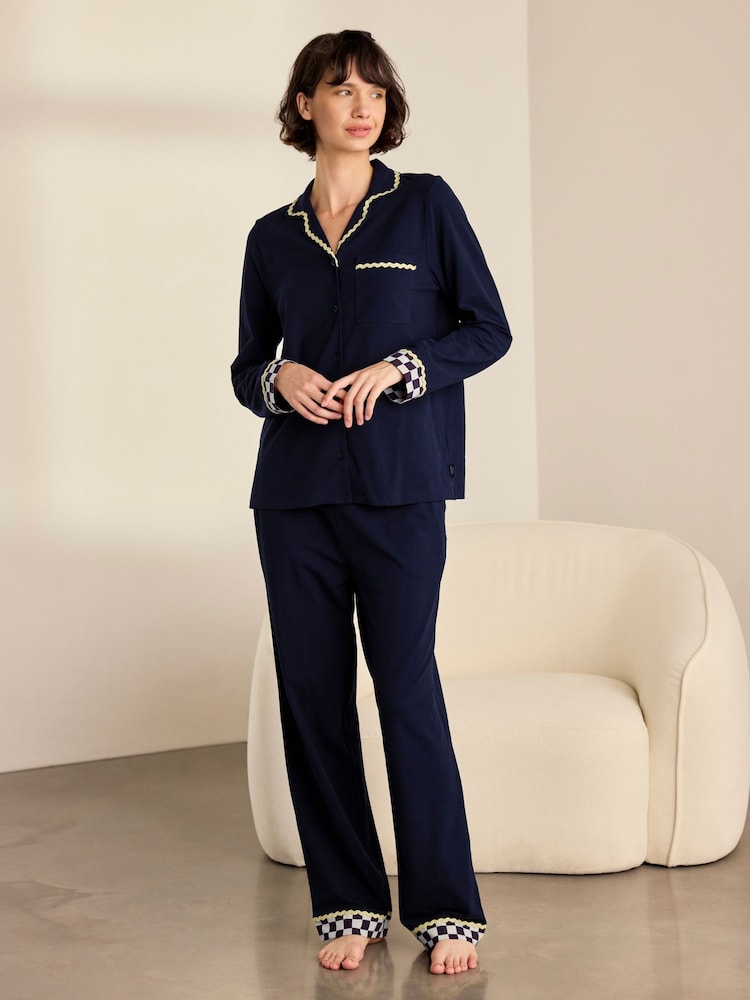 Chelsea Peers Blue Cotton Checkerboard Embroidered Back Good Night Long Pyjamas Set - Image 1 of 9